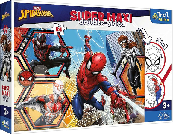 Oboustranné puzzle 24 dílků Super Maxi Spiderman jde do akce 3v1