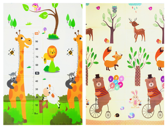 Humbi Oboustranná skládací výuková podložka z pěnového XPE 120x180x1cm Žirafy, Miarka, Medvídci, Lišky, Sárinky