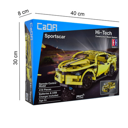 Stavební kostky CaDA Hi-Tech Závodní auto na dálkové ovládání Žluté sportovní auto 30 cm Sportovní auto 419 kusů RC