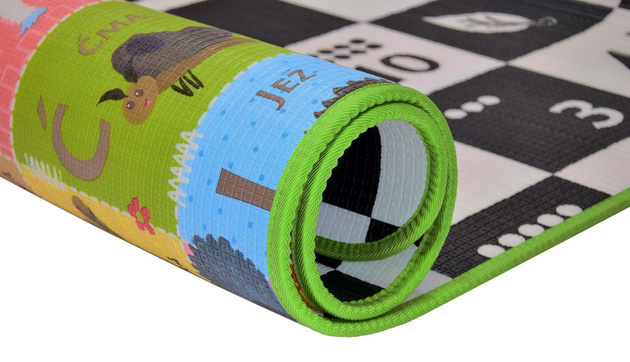 Humbi Piankowa dwustronna mata edukacyjna Szachownica 3w1 Polski Alfabet Cyfry Obrazki Kontrastowe czarno-biała 100 x 150 x 1 cm